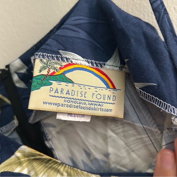 Paradise Found Dress Navy Blue Hawaiian Floral Print Bamboo Women Medium Vintage - Picture 4 of 10